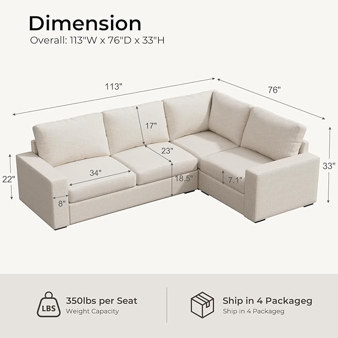 ELUCHANG 113" V-Shaped Modular Sectional Sofa Couch, Modern 4-Seat Comfy Linen Deep Seat Sofa with Corner, Removable Cover, Easy Assembly, Large Sofas & Couches for Living Room, Office, Beige | Spring Cushions, Easy to Clean, Deep Seat