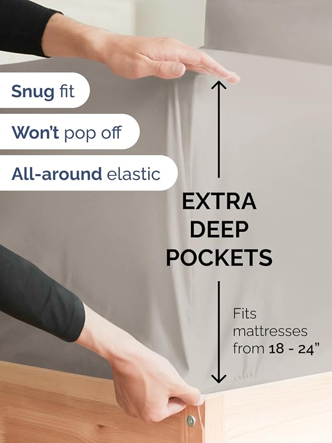 Extra Deep Split King Sheet Set - 7 Piece Breathable and Cooling Sheets - Hotel Luxury Bedding for Women, Men, Kids & Teens - Easy Secure Fit - Soft & Wrinkle Free - Extra Deep Pockets - Light Grey