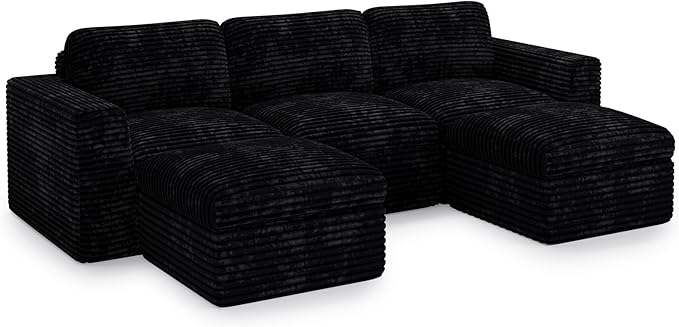 Belffin Boneless Modular Cloud Sectional Couch with Deep Seat Plush Corduroy 3-Seater Boneless U Shaped Couch with Ottoman No Assembly Required. Black Sofa