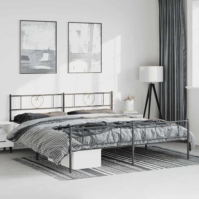 Modern Black Metal Bed Frame with Headboard and Footboard Storage, Sturdy Powder-Coated Steel Construction for Single or Double Mattress, Minimalist Design for
