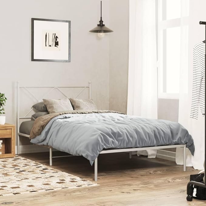 vidaXL White Metal Bed Frame with Headboard - Sturdy Support, Classic Design, Slatted, Under-Bed Storage, Assembly Required 81.5x41.3x35.6 inches