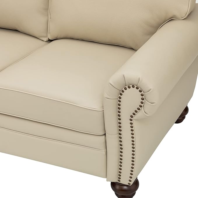 HULALA Home 81'' Genuine Leather Sofa with Nailhead Trim and Rolled Armrests, Mid-Century Modern Living Room 3-Seater Couch, Beige Couch with Removable Cushion for Bedroom Apartment