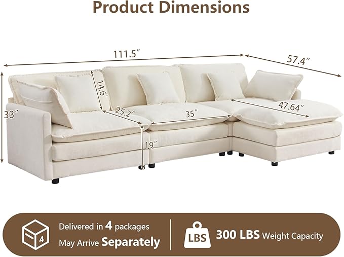 111.5" Modular Sectional Sofa, Large L Shaped Sectionals Cloud Couch, Big Comfy 3-Seat Couch with Ottoman, 4 Seater Chenille Sectional Sofa with Deep Seat and 5 Pillows for Living Room- Beige