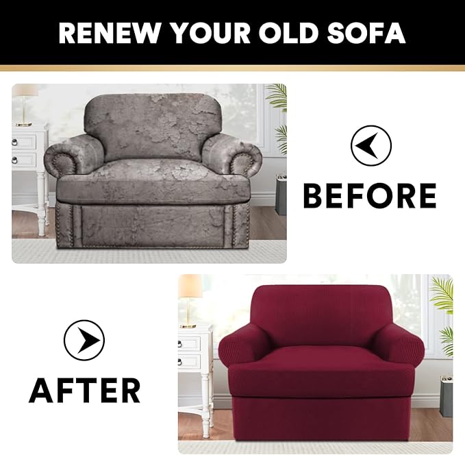 PrinceDeco 2 Pieces Armchair Slipcover Stretch Couch Covers for T Cushion Chair Slipcovers Soft Arm Chiar Cover Furniture Covers with 1 Individual T Shape Seat Covers Width Up to 40", Burgundy