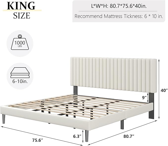 HAOARA King Size Bed Frame,King Size Platform Bed Frame and Velvet Upholstered Headboard with Strong Wood Slats, Box Spring Optional, Mattress Foundation, Easy Assembly Beige