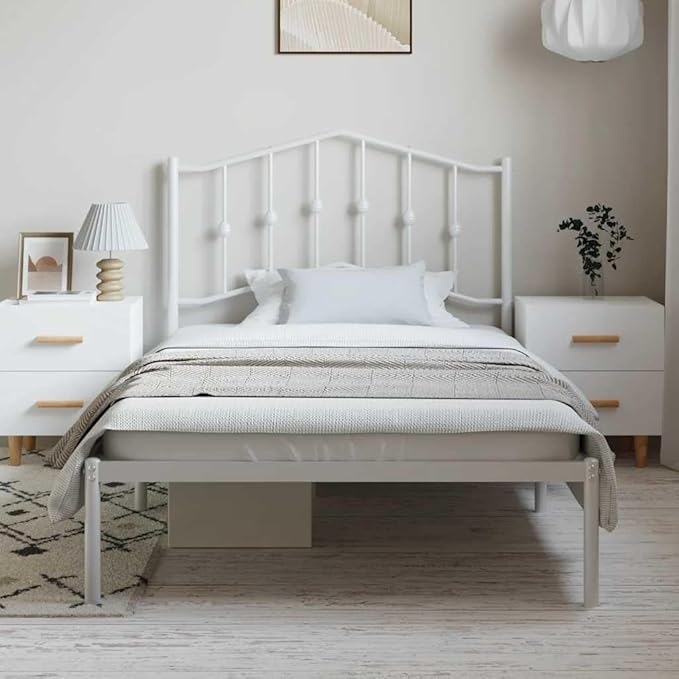 Modern Twin Metal Bed Frame with Headboard, 39.4x78.7 Inches, Sturdy Steel Platform Bed with Storage and Breathable Design for Small Spaces and Guest Rooms