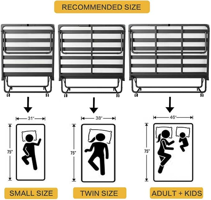 Folding Bed with Mattress for Adults, Single Size Portable Foldable Bed with Strong Metal & Wood Frame, Rollaway Guest, 75" x 31"