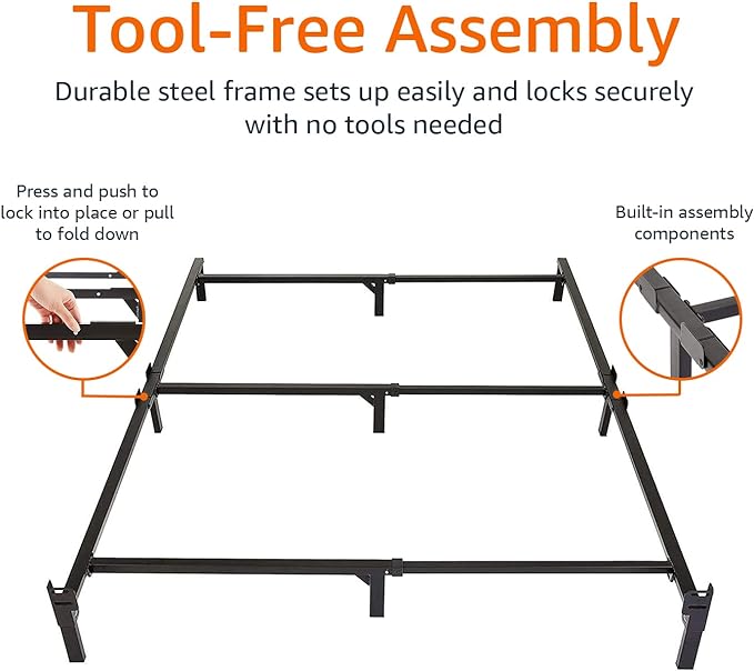 Amazon Basics Metal Bed Frame, 9-Leg Support Base for Box Spring and Mattress, Tool-Free Easy Assembly, No Tools Required, Full Size, Black