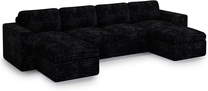 Belffin Boneless Cloud Modular Sectional Sofa with Deep Seat Plush Corduroy U Shaped Cloud Sectional Couches for Living Room No Assembly Required. Black Couch