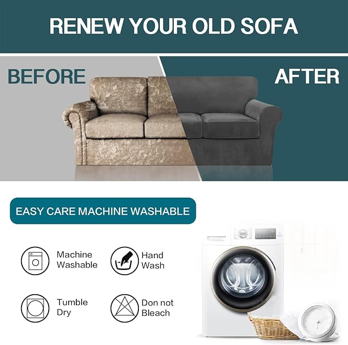FantasDecor 4 Piece Sofa Velvet Couch Covers for 3 Cushion Stretch Slipcover with Individual Seat Cushion Elastic Furniture Protector for Pets, Machine Washable (Large Sofa, Gray)