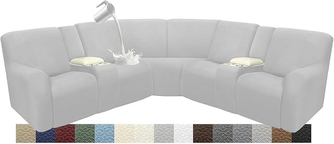 Reclining Sectional Couch Covers Waterproof L Shape Washable Recliner Sofa Cover for L Shaped Sectional Super Stretch Soft Corner Recliner Slipcovers (5 Seater 2 Console Cover, Ash Gray)