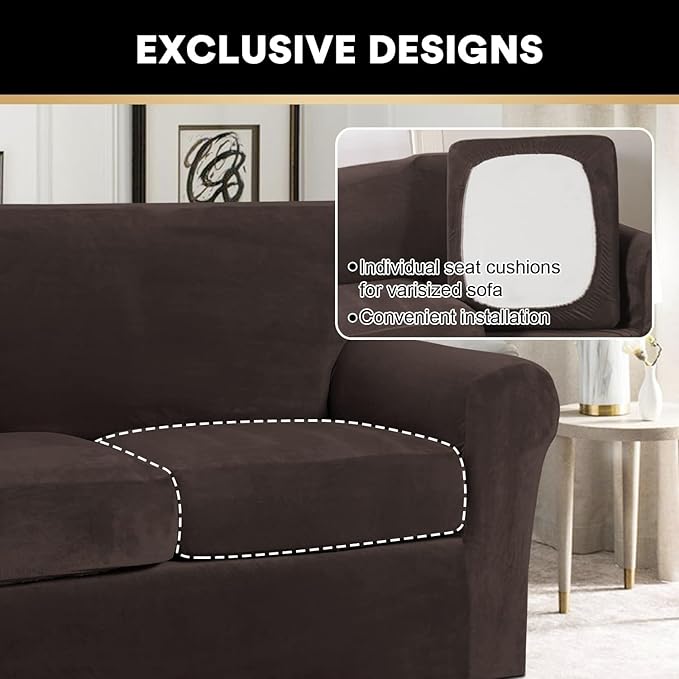 PrinceDeco Velvet Couch Covers for Sofa Soft 4 Pieces Couch Covers for 3 Cushion Couch Sofa Pet Friendly Furniture Protector with Non Slip Elastic Bottom Width Up to 90 Inch (Large, Brown)