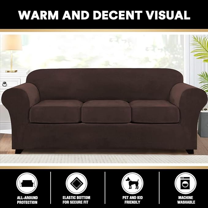 PrinceDeco Velvet XL Couch Cover for Oversized Sofa 4 Piece Sofa Covers for 3 Cushion Couch Washable Furniture Protector with Non Slip Elastic Bottom Width Up to 97 Inch(X-Large, Brown)