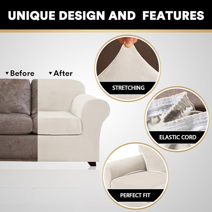 PrinceDeco Velvet Plush Couch Cover Stretch 2 Piece Chair Cover Chair Slipcover Washable Furniture Protector Couch Soft with Elastic Bottom Armchair Cover Width Up to 49 Inch(Small, Cream)