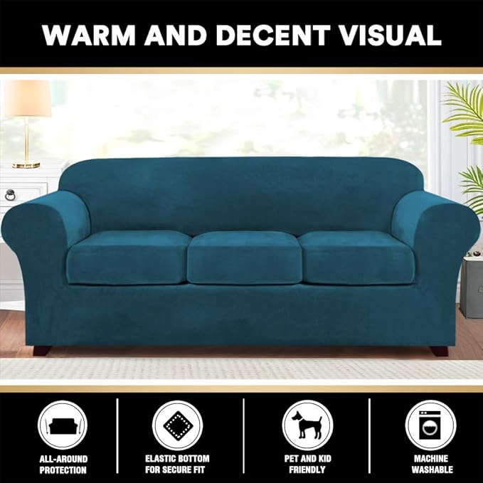 PrinceDeco Velvet Couch Covers for Sofa Soft 4 Pieces Couch Covers for 3 Cushion Couch Sofa Pet Friendly Furniture Protector with Non Slip Elastic Bottom Width Up to 90 Inch(Large, Deep Teal)