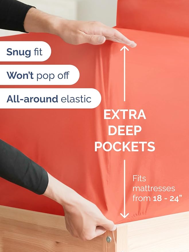 Extra Deep Split King Sheet Set - 7 Piece Breathable and Cooling Sheets - Hotel Luxury Bedding for Women, Men, Kids & Teens - Easy Secure Fit - Soft, Wrinkle Free & Comfy - Extra Deep Pockets - Coral