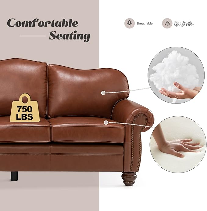 HULALA Home 81'' Genuine Leather Sofa with Nailhead Trim and Rolled Armrests, Mid-Century Modern Living Room 3-Seater Couch, Brown Couch with Removable Cushion for Bedroom Apartment