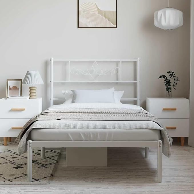 Single Metal Bed Frame with Headboard, White Powder-Coated Steel Design for Modern Bedroom, Underbed Storage Space, Durable Mattress Support for Reading and