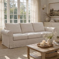 89" 3 Seater Sofa, Modern Farmhouse Comfy Couch with High Back Support, Removable Washable Linen Slipcovers for Living Room, Beige