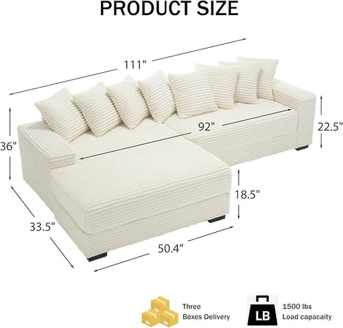 111 Inch Cloud Sectional Couches for Living Room | L-Shaped Sectional Couch with 8 Pillows | Corduroy Couch with Deep Seat | Solid Wood Frame Sofa Beige (Left Facing Chaise)