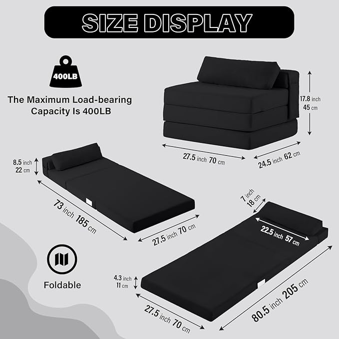 Tiita Folding Sofa Bed Chair, 4-Fold Convertible Sleeper Chair with Lumbar Pillow, Washable Cover & Side Pocket, Floor Couch Bed with Raised Seat, Single Size for Small Spaces, Black