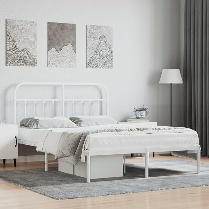 Bed Frame White Steel Double Size Bed Frame Rectangular Bedroom Furniture headboard for Living Room