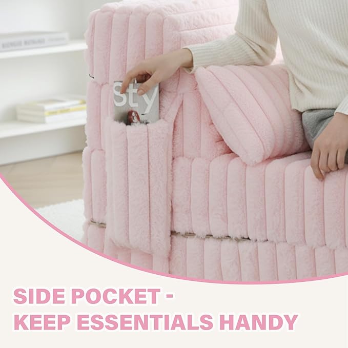 Tiita Folding Sofa Bed - 4-Fold Convertible Sleeper Chair with Corduroy Cover and Rectangular Pillow, Floor Sofa Mattress for Adults, Single Size, Pink