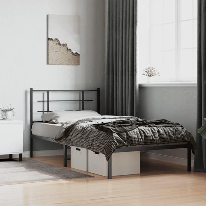 Single Metal Bed Frame with Headboard, Modern Black Platform Bed with Underbed Storage Space, Sturdy Steel Frame for Adults, Easy Assembly Headboard Bed for