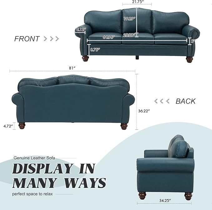 HULALA Home 81'' Genuine Leather Sofa with Nailhead Trim and Rolled Armrests, Mid-Century Modern Living Room 3-Seater Couch, Turquoise Couch with Removable Cushion for Bedroom Apartment
