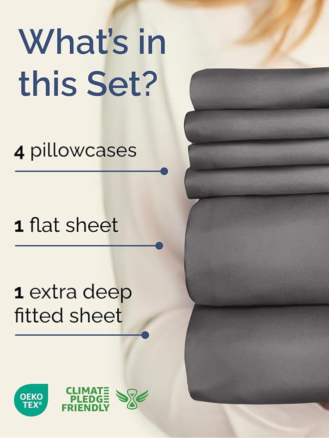 Extra Deep Queen Sheet Set - 6 Piece Breathable and Cooling Sheets - Hotel Luxury Bedding for Women, Men, Kids & Teens - Easy & Secure Fit - Soft, Wrinkle Free and Comfy - Extra Deep Pockets - Grey