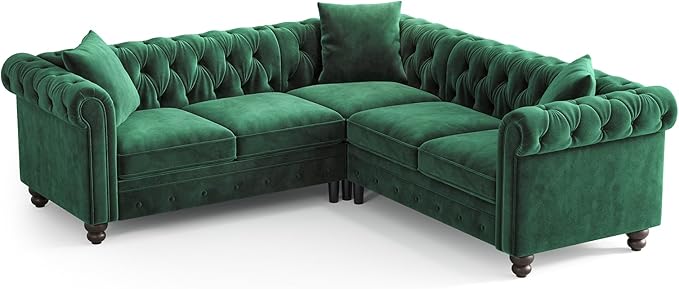ONBRILL Velvet Chesterfield Sofa, L Shaped Sectional Sofa with Tufted Back & Rolled Arms, 3 Throw Pillows, Small Corner Sectional Couch for Living Room, Apartment, Green | Velvet Fabric