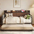 LIKIMIO Twin Daybed, Day Beds with Pop Up Trundle, Storage Headboard with Charging Station, Strong Supports for Apartment and Other Small Space, Dark Brown