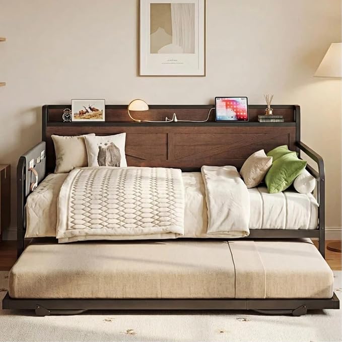 LIKIMIO Twin Daybed, Day Beds with Pop Up Trundle, Storage Headboard with Charging Station, Strong Supports for Apartment and Other Small Space, Dark Brown