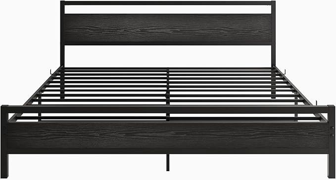 BOFENG Black King Size Bed Frame with Wood Headboard,Industrial Metal Platform Bed Frame King Size with Storage No Box Spring Needed,Strong Steel Slats Support,Easy Assembly