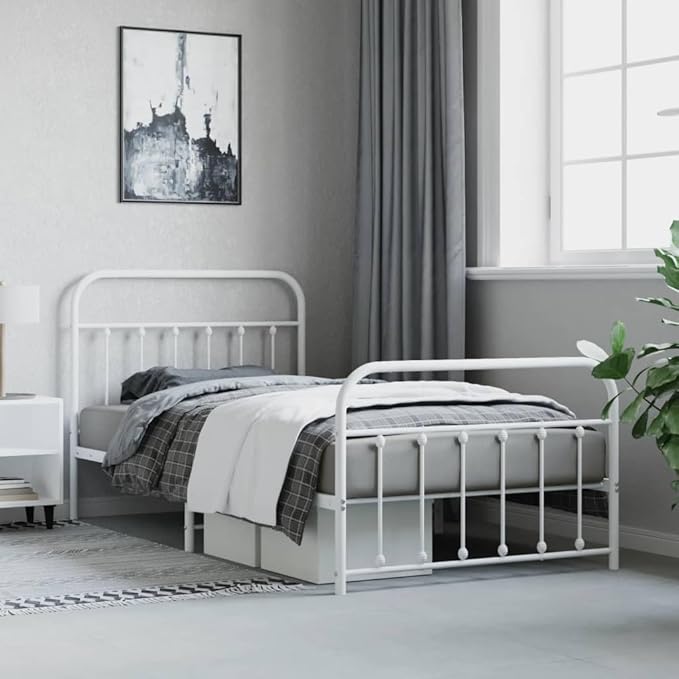 Bed Frame White Powder-Coated Steel Twin Bed Frame Rectangular headboard Bedroom Furniture for Guest Room