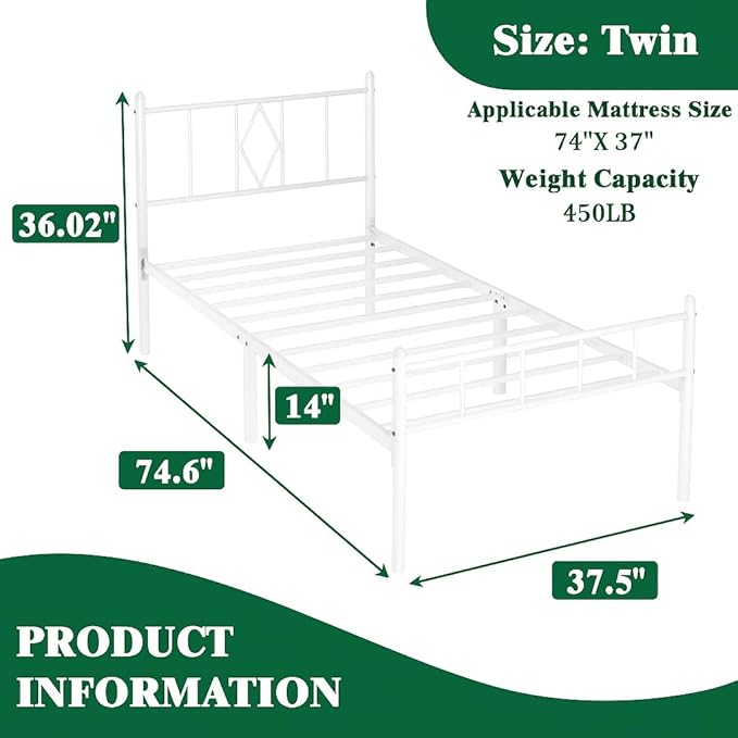 Decorwise 14 Inch Twin Size Bed Frames with Headboard/Footboard, Under Bed Storage, Strong Metal Slats Support, No Box Spring Needed, Noise Free, Easy Assembly, White