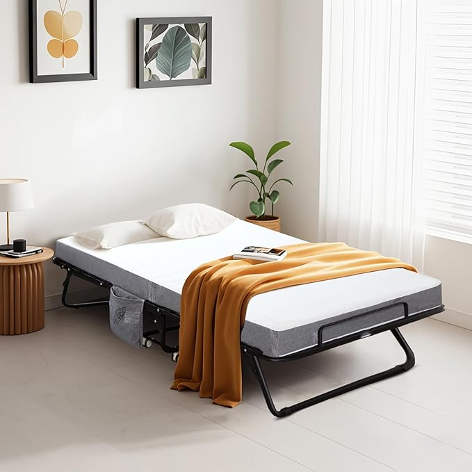 Folding Bed with Mattress for Adults, Twin Size Portable Foldable Bed with Metal & Wood Frame, Rollaway Guest, 75" x 38"