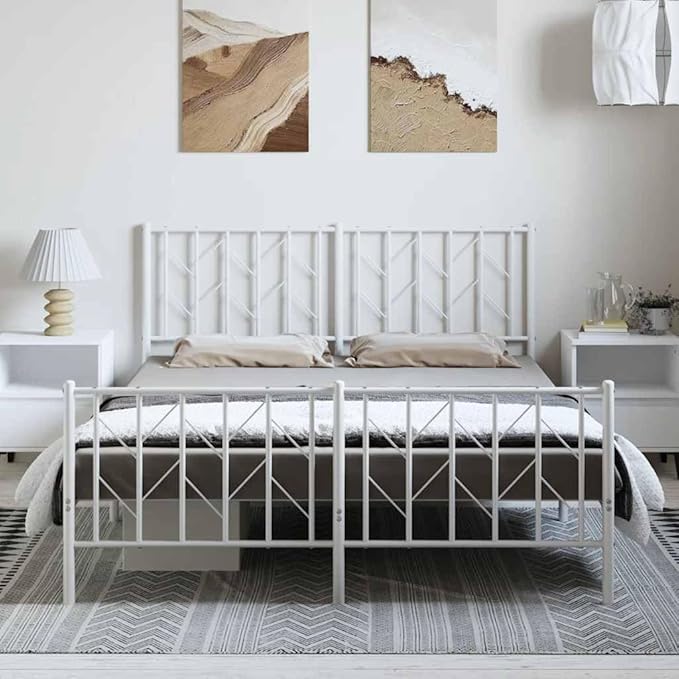 Bed Frame White Steel Full Bed Frame Rectangular Modern Adult for Bedroom