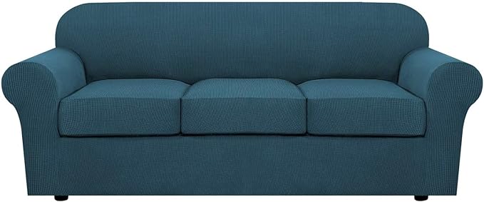 H.VERSAILTEX 4 Piece Stretch Sofa Covers for 3 Cushion Couch Covers for Living Room Furniture Slipcovers (Base Cover Plus 3 Seat Cushion Covers) Upgraded Thicker Jacquard Fabric (Sofa, Deep Teal)