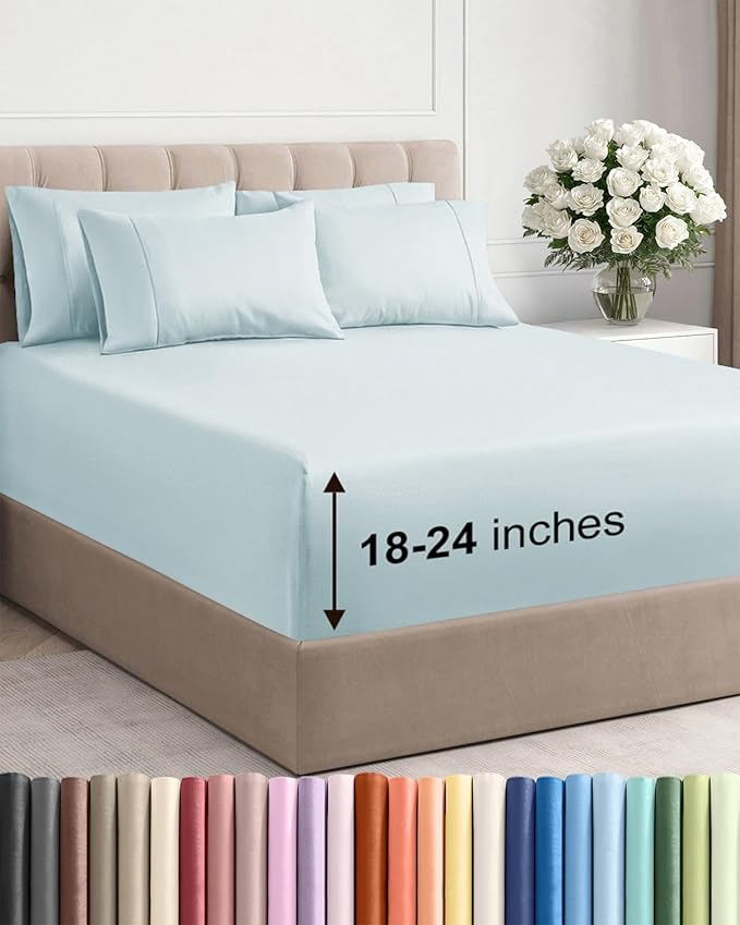 Extra Deep King Sheet Set - 6 Piece Breathable and Cooling Sheets - Hotel Luxury Bedding for Women, Men, Kids & Teens - Easy & Secure Fit - Soft, Wrinkle Free and Comfy - Extra Deep Pockets - Ice Blue
