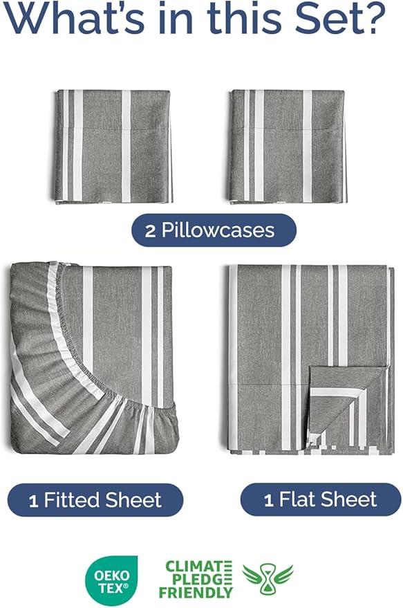 Extra Deep Twin XL Sheet Set - 4 Piece Breathable and Cooling Sheets - Hotel Luxury Bedding for Women, Men, Kids & Teens - Easy Secure Fit - Soft & Wrinkle Free with Extra Deep Pockets - Grey Stripes