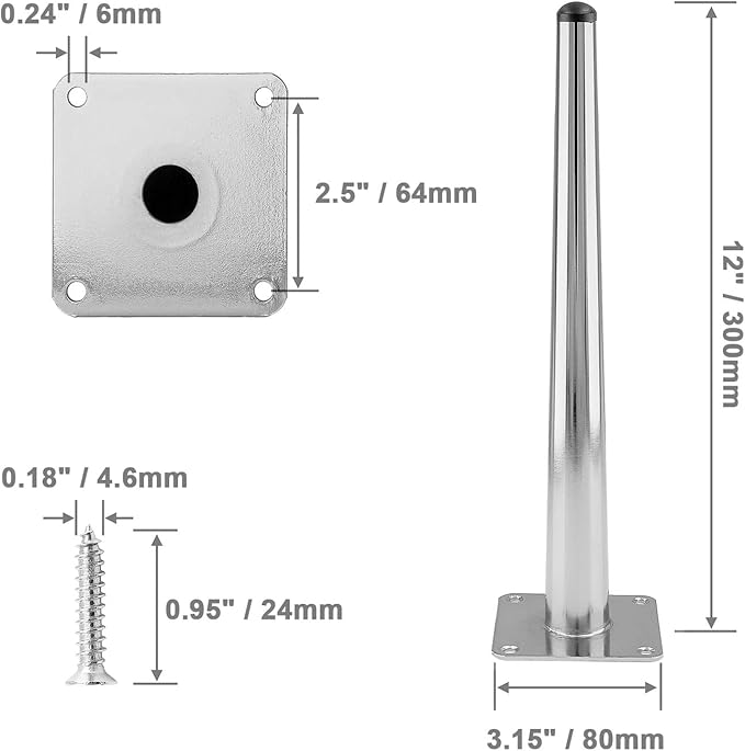 4pcs 12 Inch Furniture Legs, Straight Conical Metal Legs Chrome Mid-Century Style Furniture Feet for Sofa Cabinet Table Chair Cupboard Couch Ottoman Home DIY Projects