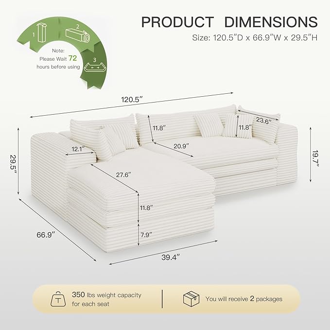 Belffin Plush Corduroy L Shaped Couch with Deep Seat Boneless Modular Sectional Cloud Boneless Couches for Living Room. Left Facing Chaise. Beige Sofa