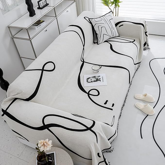 Black and White Double-Sided can Cover Chenille Sofa Towel Full Covers Cloth Four Seasons Universal Models Straight Row a Piece of Non-Slip Sets Cover (71 * 118 inch)