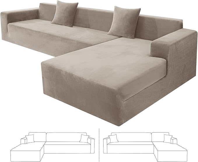 ZNSAYOTX 2026 Soft Velvet Sectional Couch Covers, Luxury Plush Slipcovers with Elastic Bottom for L Shape Sectional Sofa, 2 Pcs Pet Friendly Protector (3 Seat Couch + 3 Seat Chaise, Khaki)