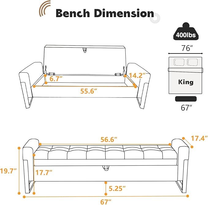 67" End of Bed Storage Bench King Size, Bench for Bedroom Foot of Bed, Upholstered Storage Ottoman with Gold Legs for Window Living Room, Teddy Camel