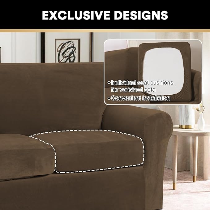 PrinceDeco Velvet Couch Cover Loveseat Covers for 2 Cushion Couch 3 Piece Sofa Covers for Dogs Washable Loveseat Covers Width Up to 72 Inch No Slip Stretch Sofa Slipcover(Medium, Bronze Brown)