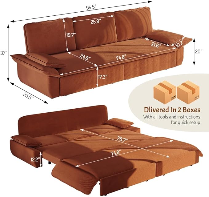 KEIKI 94.5'' King Size Sleeper Sofa Bed, 3-in-1 Convertible Pull Out Couch with Cloud Recliner Design, Corduroy Futon Loveseat Sofa for Living Room, Guest Hosting, Modern 3 Seater Couch