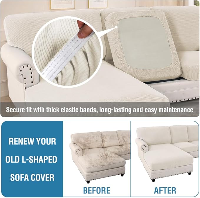 H.VERSAILTEX 2025 New Sectional Couch Covers 6 Pieces Stretch Sofa Covers for Sectional Sofa Set Separate L Shaped Couch Cover for Both Left/Right Couch (Seat and Back: 1 Chaise + 2 Sofa, Ivory)