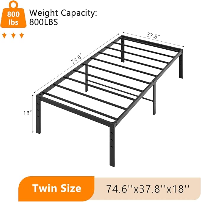 VINGLI 18 Inch Twin Bed Frame, Heavy Duty Metal Platform, No Box Spring Needed, Sturdy Steel Slat Support, Easy Assembly, Noise-Free, 16.4 Inch Underbed Storage,Black